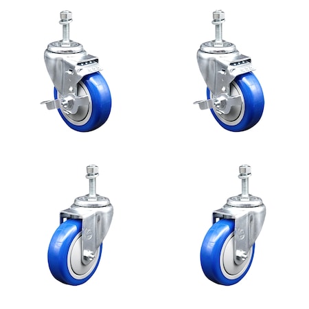 Service Caster 4 Inch Blue Polyurethane Wheel Swivel 3/8 Inch Threaded Stem Caster Brake, 2PK TS20S414-PPUB-BLUE-TLB-381615-2-S-2